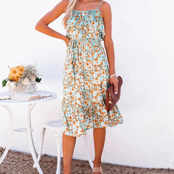 

casual dresses summer midi print floral dress women boho spaghetti strap sleeveless tank beach 2021 female a line holiday party vestidos, Black;gray