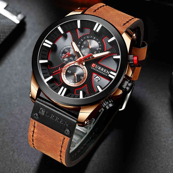 

men watches curren luxury brand quartz sport watch mens chronograph leather wristwatch male clock with date relogio masculino 210517, Slivery;brown