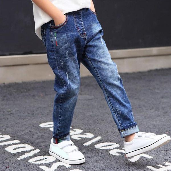 

jeans ienens fashion for kids boys denim long pants spring autumn slim young boy cowboy trousers elastic waist, Blue