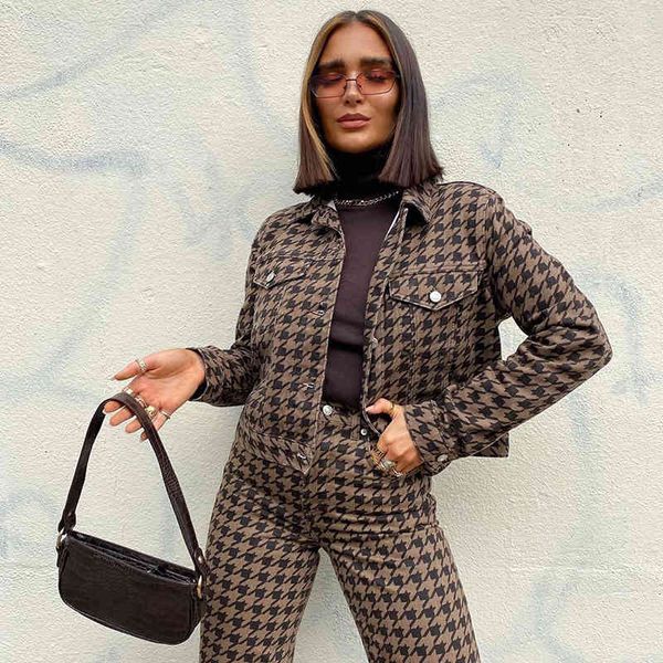 

jackets vintage houndstooth chess sliced woman's casual elegant autumn ladies turn down collar button y2k jacket outwear, Black;brown
