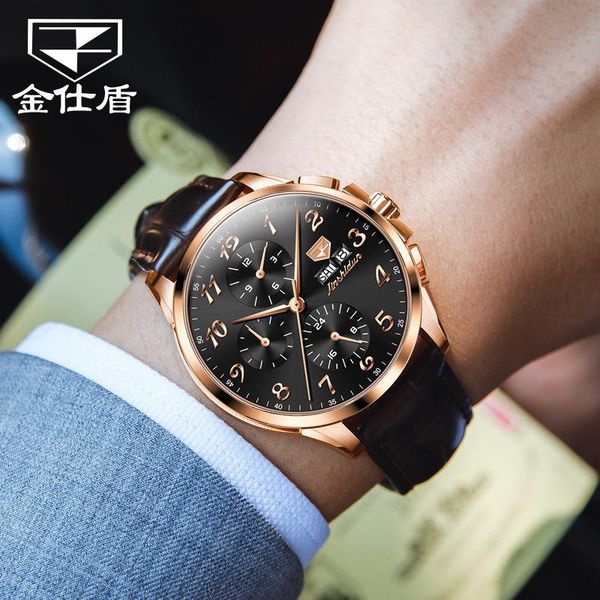 

wristwatches jinshidun brand watch fully automatic mechanical multifunctional business waterproof leather men's, Slivery;brown
