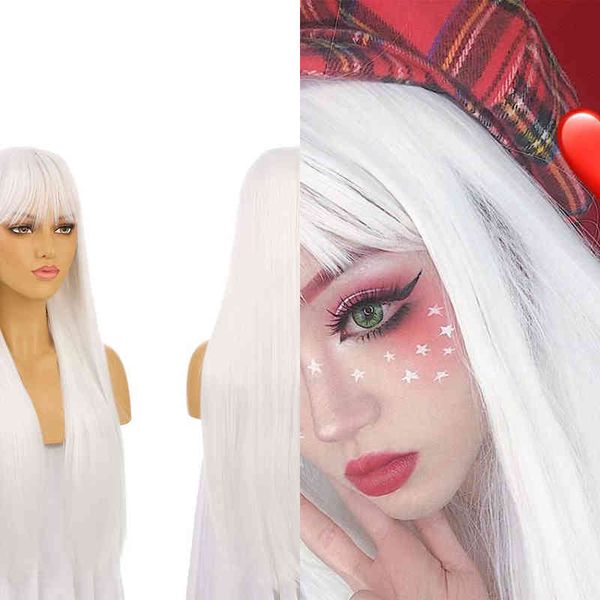 Cabelo sintético perucas cosplay cosplay 26 polegada longa linha reta com franja peruca branca cosplay vermelho lolita lolita lolita anime alta temperatura fibra sintética 220225