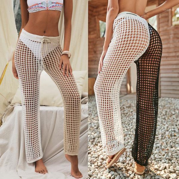 

women's swimwear 2021 casual hollow color matching bandage female trousers hand hook knitted beach, White;black