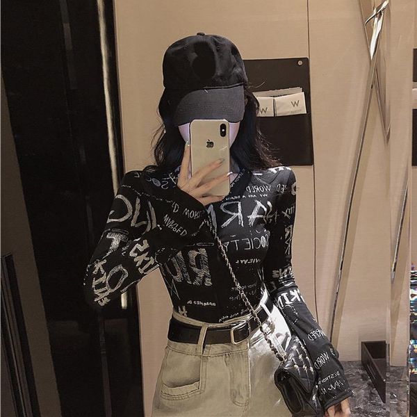 

round neck trumpet sleeve polyester women t shirts thin hip hop letter print casual fashion spring and autumn, White