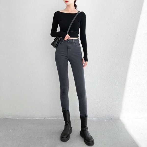 

women's jeans smoke grey summer nine point tight small foot large women's pants spring and autumn style show thin high waist, Blue