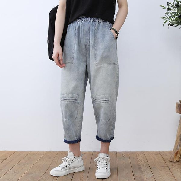

denim pants women 2021 summer solid color elastic waist harem high thin loose casual female trousers women's jeans, Blue