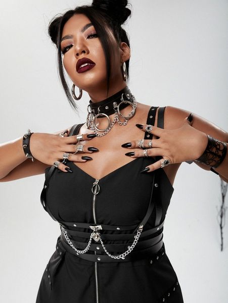 

plus chain linked pu harness bra v6d6#, Black;white