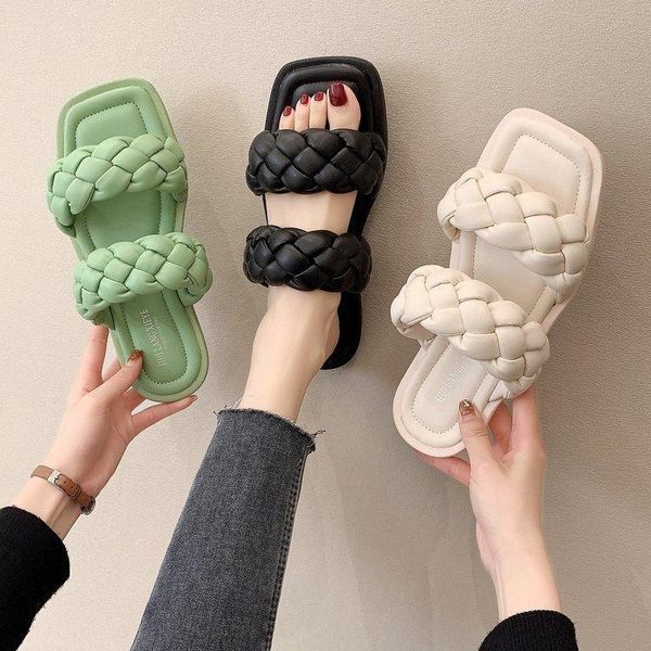 

shoes ladies' slippers candy colors low slipers women luxury slides summer 2021 flat soft designer pu rome hoof heels fabric rub, Black