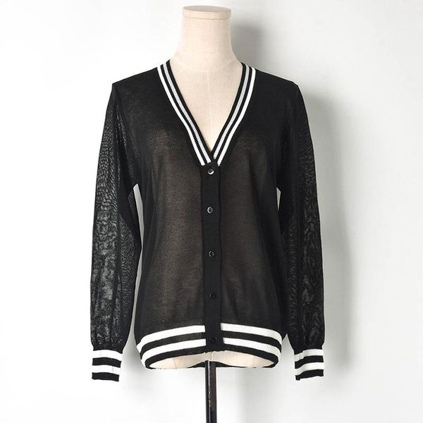 

women's knits & tees thin perspective cardigan knitted sun protection shirt 2021 black white contrast baseball v-neck long sleeve