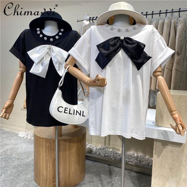 

women's t-shirt 2021 spring beaded rhinestone big bow stitching short-sleeved sweet women loose round neck casual fashion, White