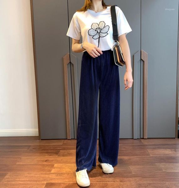 

women's pants & capris 2021 ladies elastic high waist solid black/navy cropped pleated trousers - latest women fashion casual wide leg, Black;white