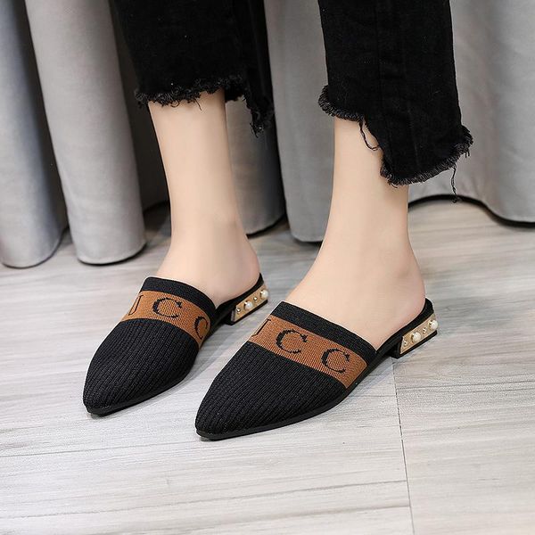 

slippers chaussure femme 2021 brand half classic style fashion women luxury flats shoes mules, Black