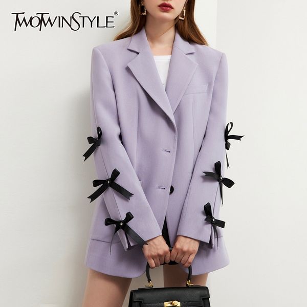 

twotwinstyle patchwork bowknot hit color blazer for women notched long sleeve casual blazers female fashion new clothing 210428, White;black