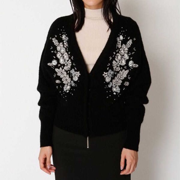 

women's sweaters women cardigan crop vintage handmade beads floral embroidery autumn winter sweater knit jumper vm94, White;black