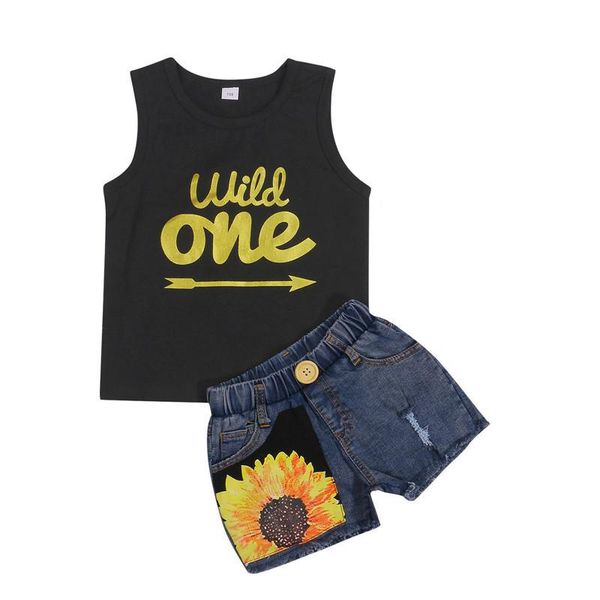 

1-5 years toddler girls 2pcs summer outfits sleeveless letter print tank hole denim shorts set casual clothes clothing sets, White