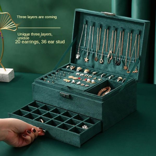 

gift wrap 2021 three-layer vintage flannel jewelry box earrings rings necklace storage dark green
