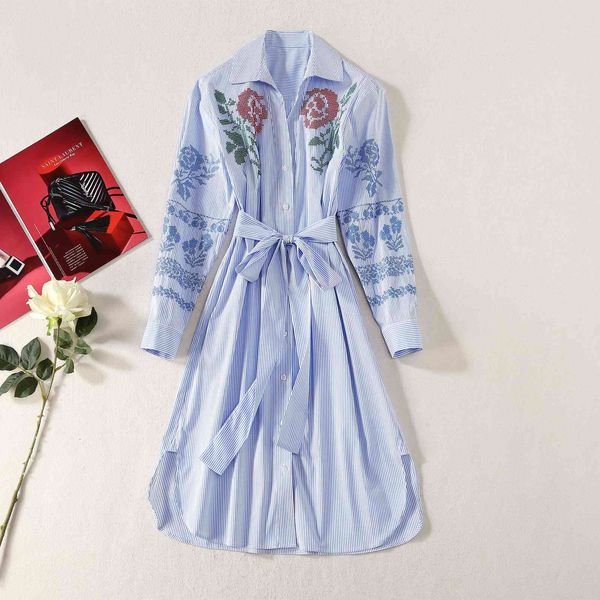 

casual dresses european and american women's clothing autumn style long sleeve lapel striped print embroidery fashionable dress q6hx, Black;gray