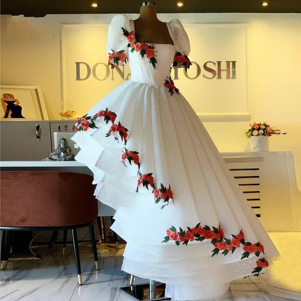 Asimetrik Etek Suudi Arabistan Düzensiz Gelinlik Modelleri Çiçek Yeni Dantel Nakış Pileli Kısa Kollu Chic Akşam Elbise Dubai Arapça Kadınlar Robe