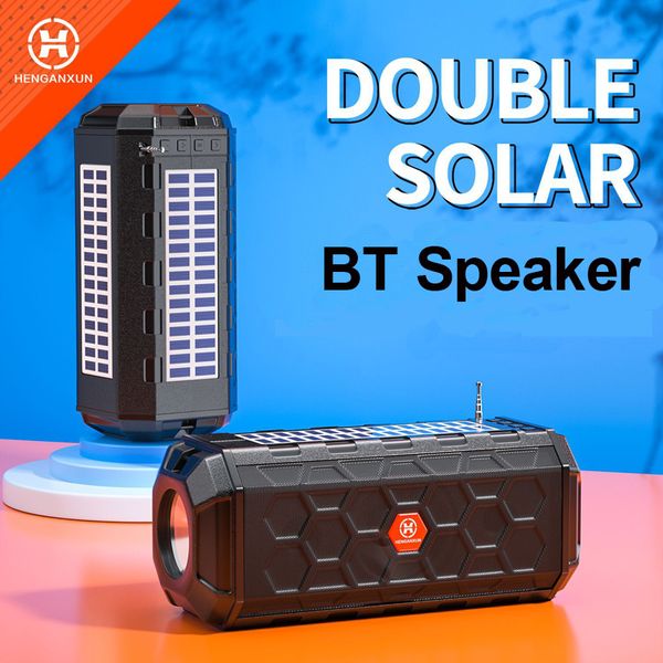 Alto-falante de carga solar dupla com lanterna BT Alto-falante estéreo sem fio portátil Caixa de som com suporte para rádio FM Disco USB Leitor de música TF MP3 Barra de som à prova d'água