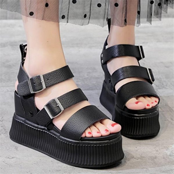 

sport sandals shoes women cow leather platform wedges gladiators high heel strappy fashion summer sneakers, Black