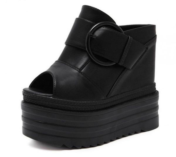 

swyivy 14 cm wedges slippers women summer shoes fish toe 2021 female black chunky casual leather slides
