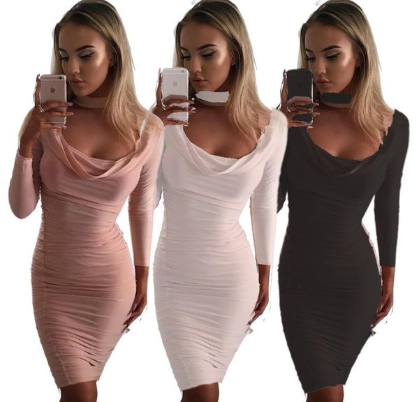 

casual dresses women's fashion hanging neck leakage chest fold wrap hip dress drape open slim, Black;gray