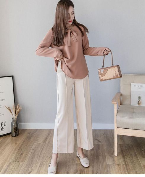 

maternity bottoms length thin wide leg pants elastic waist belly trousers clothes for pregnant women formal work pregnancy, White
