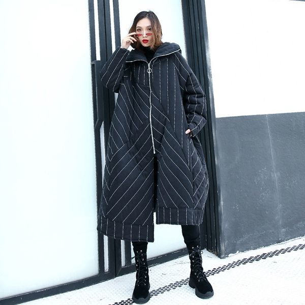 

women's down & parkas johnature winter thicken warm women jackets striped hooded collar zippers loose long irregular female coats1 3r94, Black