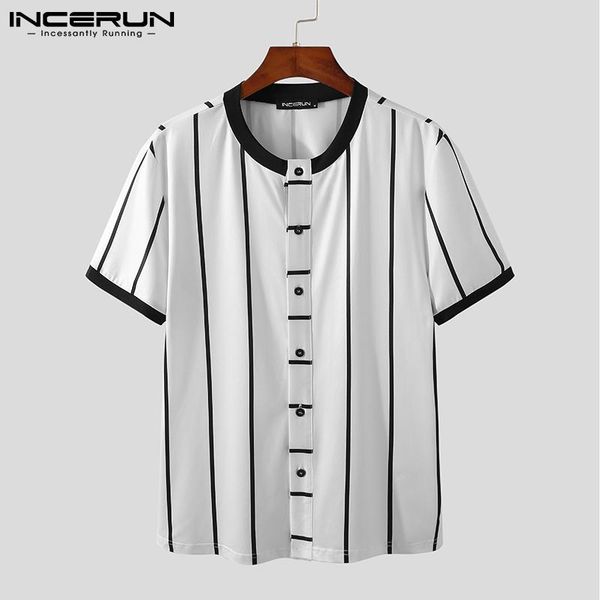 

men's casual shirts summer men shirt striped patchwork short sleeve streetwear button leisure camisa masculina 2021 clothing incerun 5x, White;black