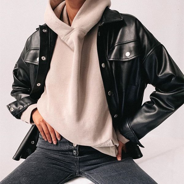 

cool locomotive girls shirt pu leather turn dow neck single-breasted long sleeves fashion lady outwear with pockets real image, Black