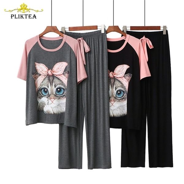 Kawaii Casual Cartoon Print Set da 2 pezzi da donna Modal Homewear Allentato Carino Atoff Home Cloth Suit Pigiama femminile Set Sleepwear 210330