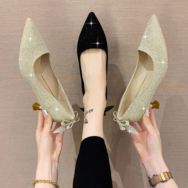 

sandals high heels women stiletto all-match hollow bow shoes pumps pointed shallow mouth i2t9, Black