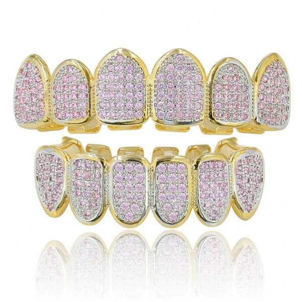 

bling pink zircon dental grills for men women 18k gold plated full cz teeth grillz set hip hop grillz for rappers, Black