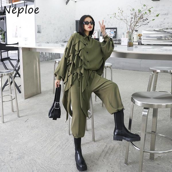 

women's two piece pants neploe loose causal fashion 2 pcs women set turn down collar ruffles patch long sleeve shirt + high waist hip h, White