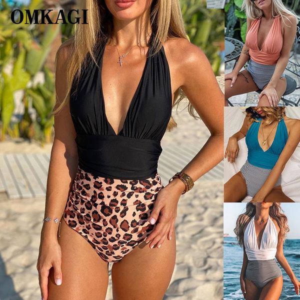 

one-piece suits omkagi one piece swimwear women leopard push up padded bikini bandage bathing summer beachwear swimsuits female