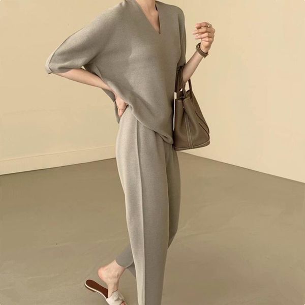 

women's two piece pants autumn korean fashion casual knitted set women loose pullover sweater + wide leg suits knitwear 2, White