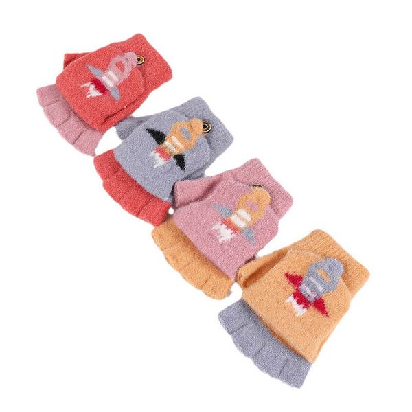 

children's fingerless gloves fashion knit boys girls accessories flip baby half kindergarten and girl cute cartoon knitting 4-10y b9032, White