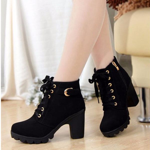 

boots 2021 autumn winter women ankle solid lace-up european ladies shoes pu fashion heels, Black