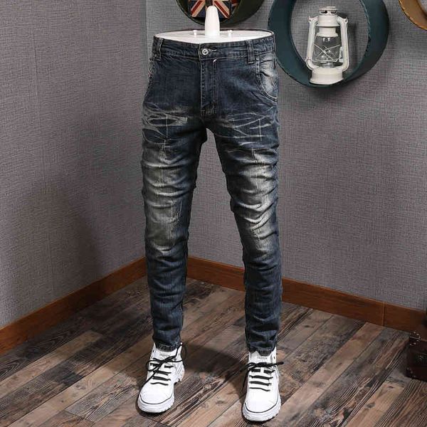 

jeans italian vintage fashion retro blue slim fit ripped men elastic casual denim pants streetwear hip hop jeans homme