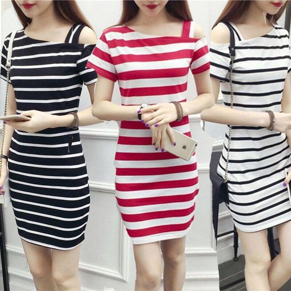 

casual dresses summer y2k short-sleeved slanted shoulder striped dress mid-length bag hip kawaii one-line neck bottoming shirt, Black;gray