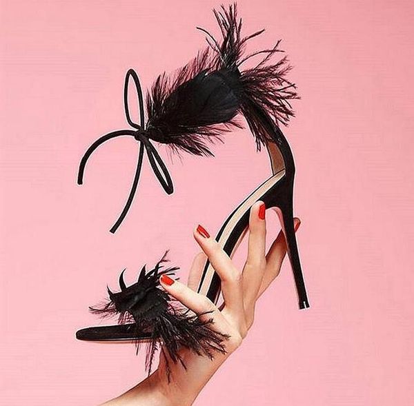 

arrivals black white feather sandals for women lace-up front cut-out gladiator shoes high heel banquet