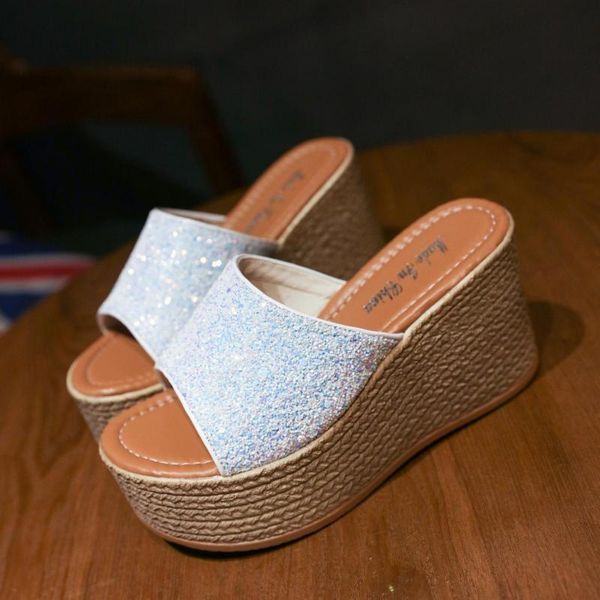 

slippers 2021 sandals women's wedge shoes pump high heel summer trigger upper sandia british style outside, Black