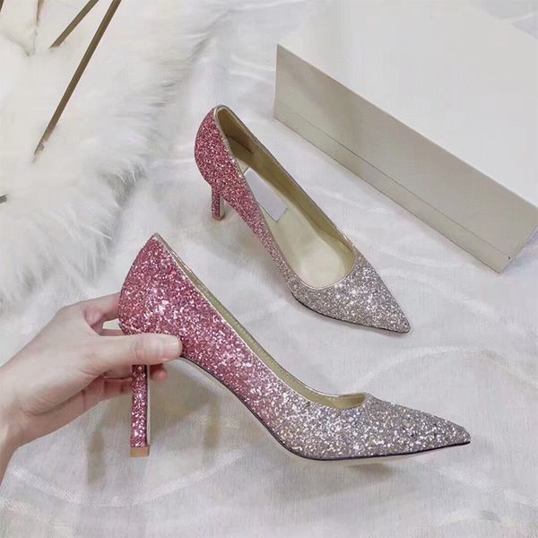 

sandals high heels wedding shoes pointed sequin crystal gradient stiletto banquet single frozen, Black
