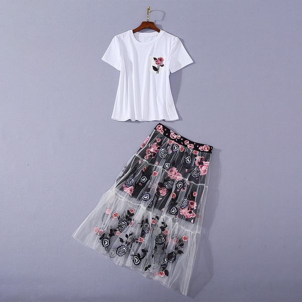 

dress european and american women's wear summer style short sleeve ironing drill t-shirt rose print embroidered skirt suit 7hzc, White