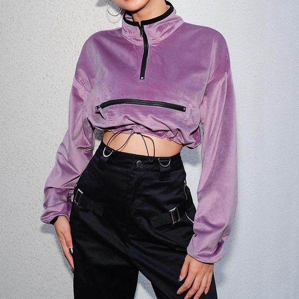 

women's hoodies & sweatshirts dropship cropped velvet turtleneck sweatshirt women zipper long sleeve pullover streetwear spring autumn, Black
