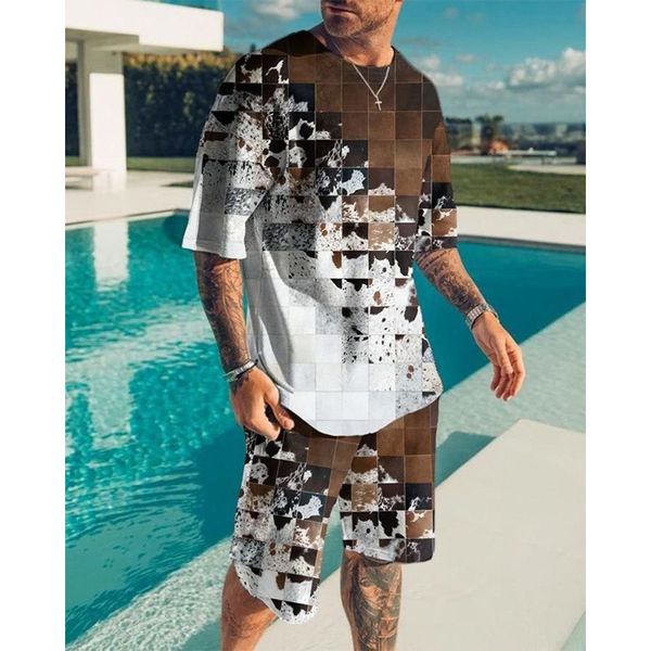 

fuzzy check pattern men's sports suit short-sleeved t-shirt with shorts, comfortable, breathable and dry, daily leisure sports, Gray