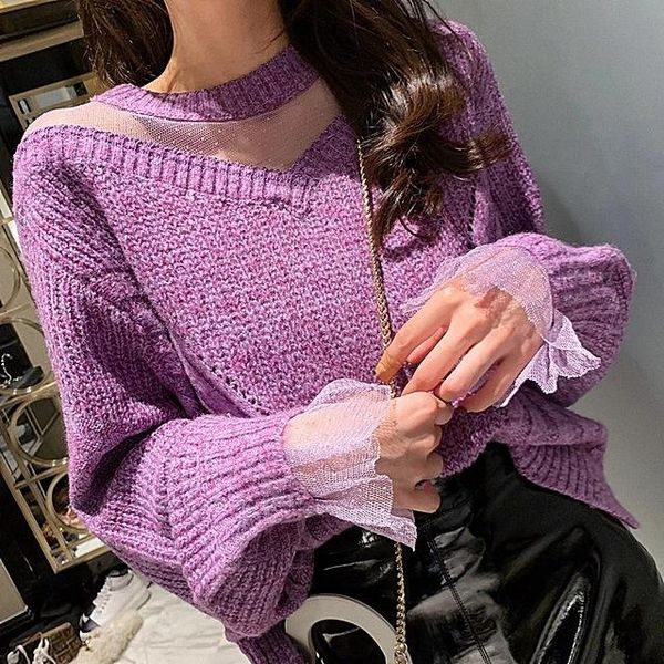 

women's sweaters 2021 ladies knitted shirt long-sleeved women sweater korean style slim patchwork embroidery lace pullovers o-neck, White;black