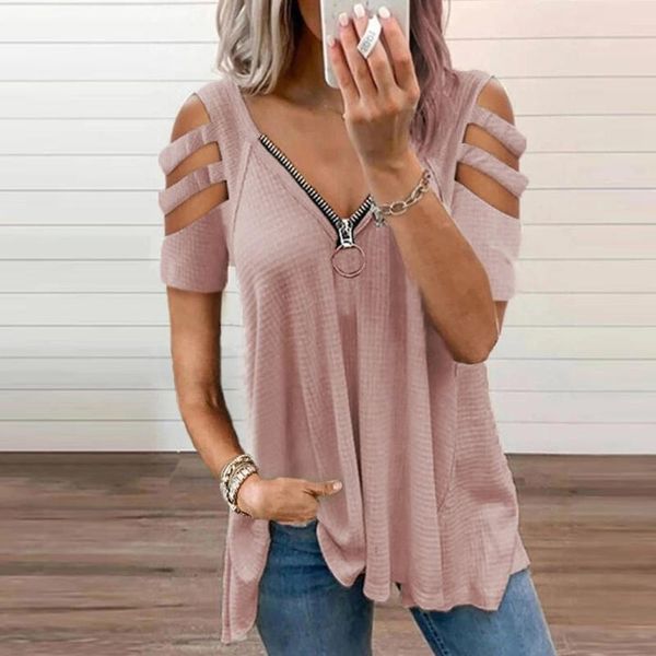 

women elegant zip v neck short sleeve loose lady hollow out solid tee shirt streetwear casual blusa drop women's t-shirt, White