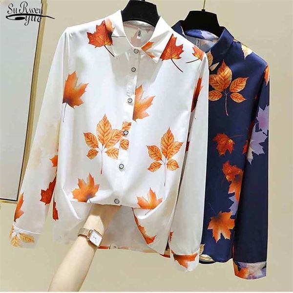 

spring women blouse chiffon office lady turn-down collar floral casual printed button long sleeve 210421, White