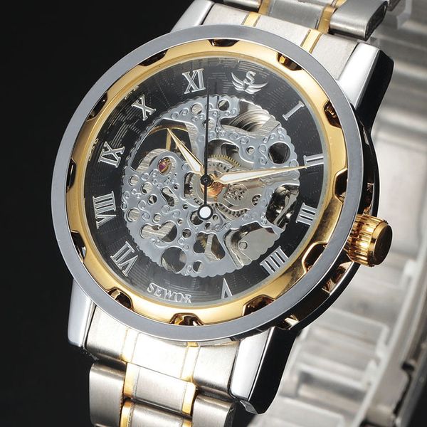 

sewor men's steel band hollow manual mechanical watch fashion, Slivery;brown